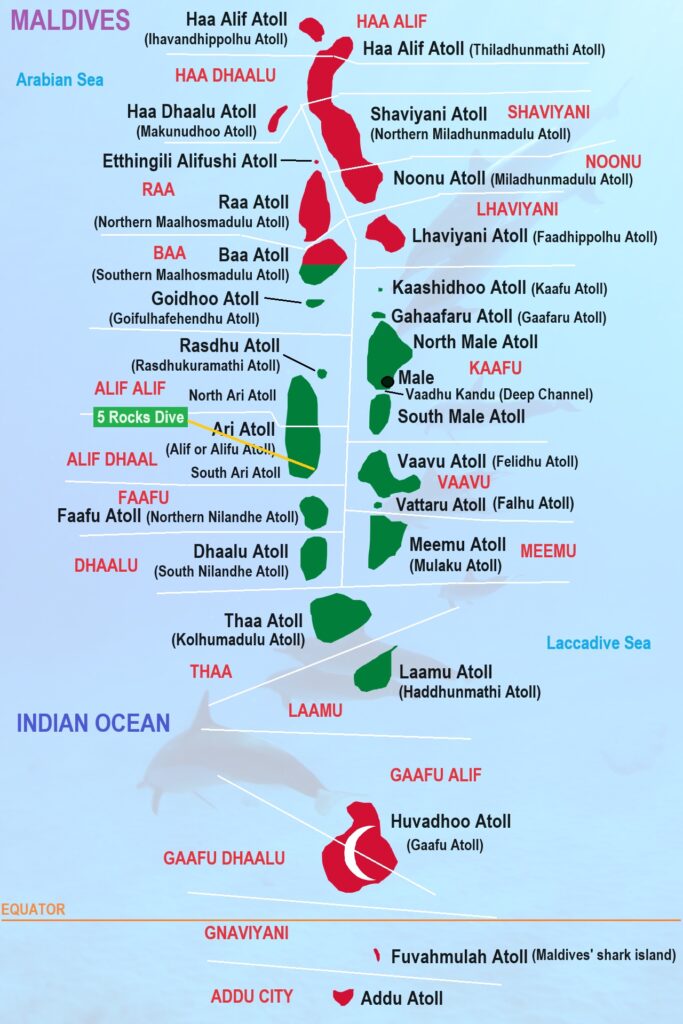 5 Rocks Dive Site location on Map of The Maldives Atolls With