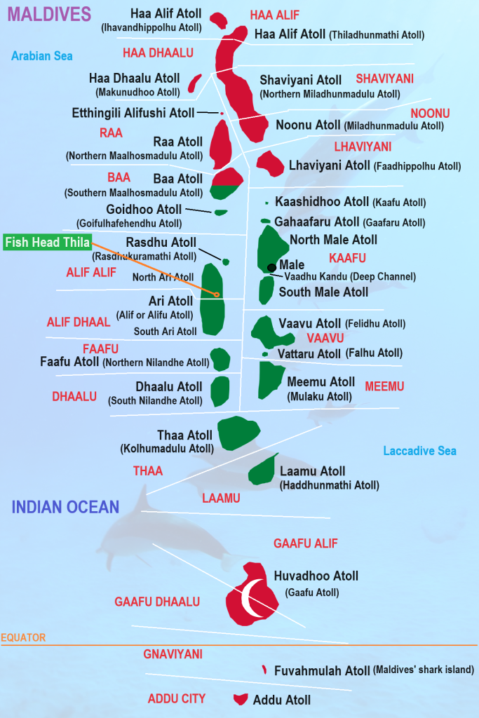 Fish Head Thila North Ari Atoll location on map of Maldives Atolls